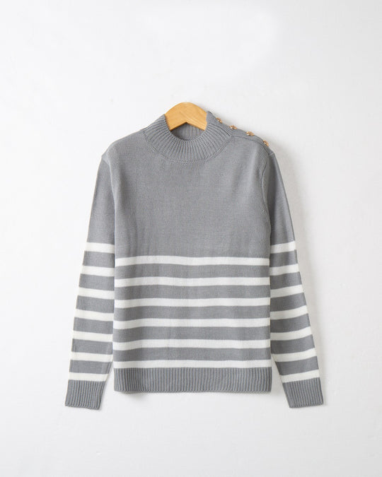 Damen modischer Strickpullover mit Streifenmuster und Knopfdetails EB
