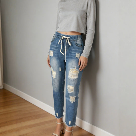 Damen nan lockere Destroyed-Denim Jogger mit elastischem Kordelbund und ausgefranstem Knöchelabschluss EB