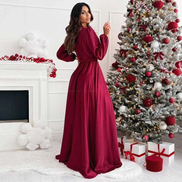 Damen elegantes Maxikleid mit schlanker Silhouette und tailliertem Gürtel EB
