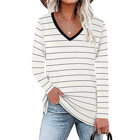 Damen V-Ausschnitt Langarmshirt mit Streifenmuster und seitlichen Schlitzen EB
