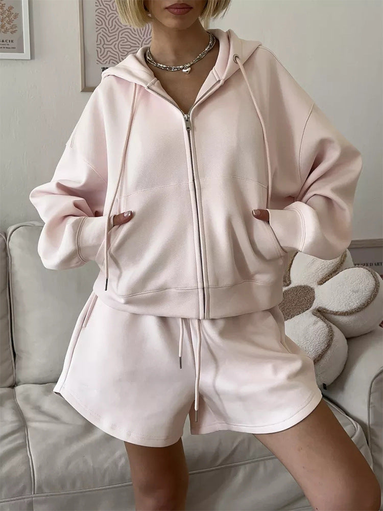 Damen nan kurzes Kapuzen-Sweatshirt mit Reißverschluss und elastischer Highwaist-Relax-Shorts Set EB