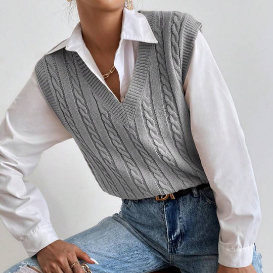 Damen Strickweste mit V-Ausschnitt und exklusivem Zopfmuster EB