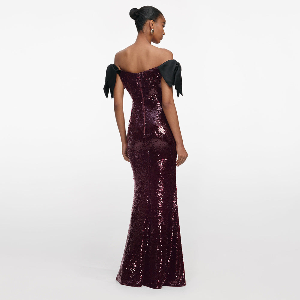 Damen Elegantes Pailletten-Maxikleid mit schulterfreiem Design und dekorativen Schleifen EB