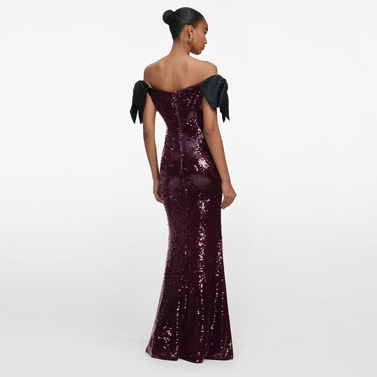 Damen Elegantes Pailletten-Maxikleid mit schulterfreiem Design und dekorativen Schleifen EB