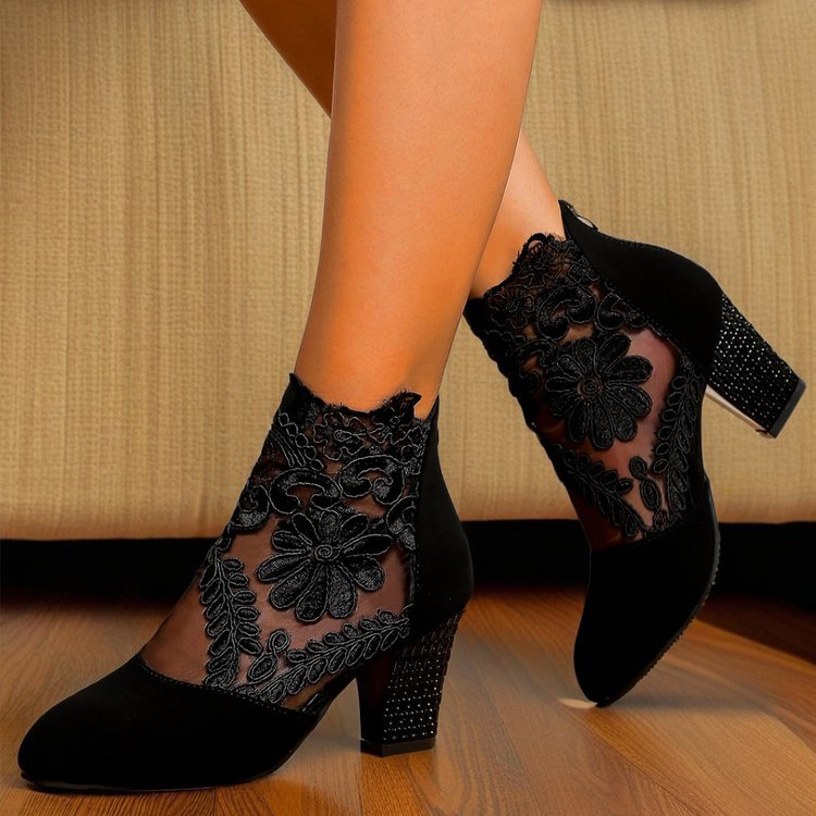 Damen elegante Schnür-Stiefeletten mit Spitze und Glitzer-Details EB