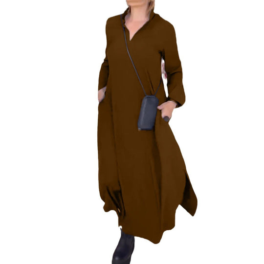 Damen Langarm-Kleid mit praktischen Einschubtaschen und elegantem Stehkragen EB