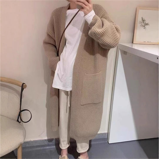 Damen Langer Strick-Cardigan mit tiefen Taschen und luftiger Passform EB