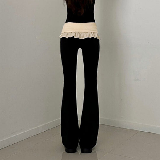 Damen nan taillierte Highwaist Schlaghose mit Zierband, Gürtelschlaufen und ausgestelltem Bein EB