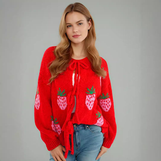 Damen kuscheliger Pullover mit fruchtigem Erdbeer-Motiv EB