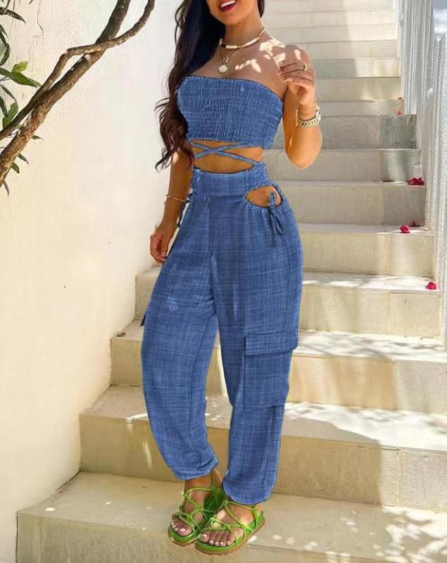 Damen Oberteil und Cargo-Hose Set mit stylischen Cut-Outs und elastischem Bund EB
