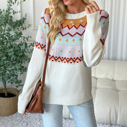 Damen Strickpullover mit traditionellem Muster und überschnittenen Schultern EB