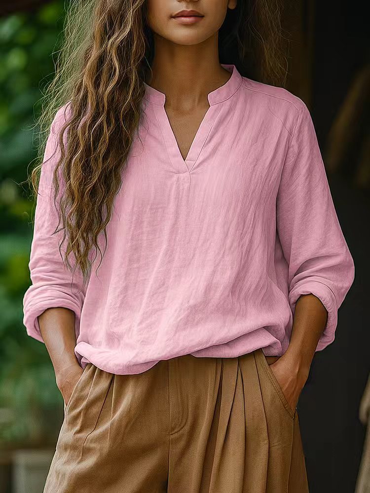 Damen Casual Tunika-Bluse in Leinenoptik mit kleinem Stehkragen und V‑Schlitz EB