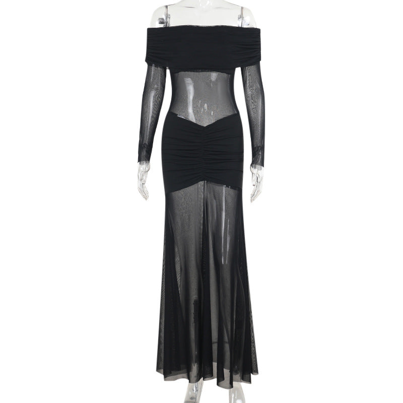 Damen durchsichtiges Maxikleid mit schulterfreiem Design und Rüschungen EB