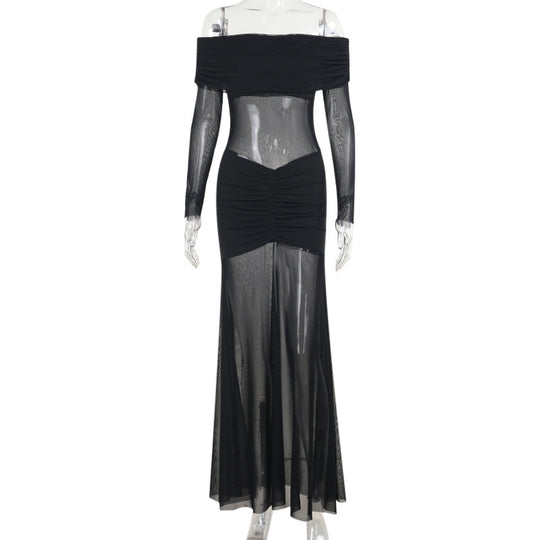 Damen durchsichtiges Maxikleid mit schulterfreiem Design und Rüschungen EB