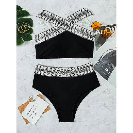 Damen Hoch tailliertes Bikini-Set mit elegantem Kreuzträger-Design EB