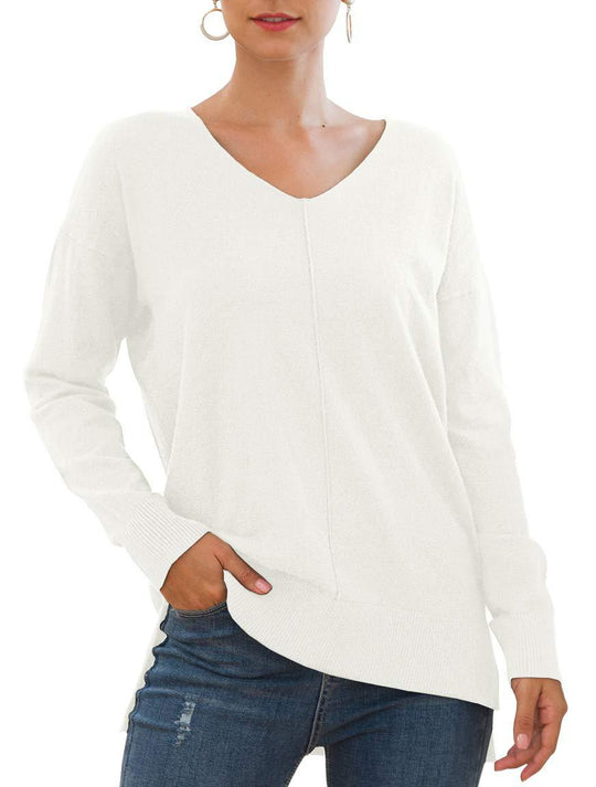 Damen eleganter V-Ausschnitt Pullover mit asymmetrischem Saum EB