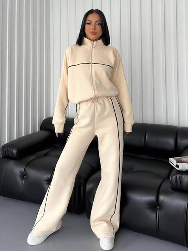 Damen nan Oversize Trainingsanzug Set mit Reißverschluss hohem Kragen und Kontrastpaspeln EB