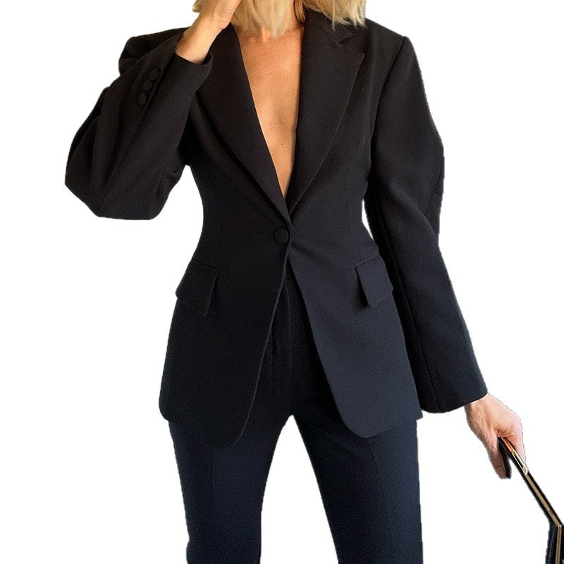 Damen Eleganter Blazer mit dramatischem V-Ausschnitt und strukturierten Ärmeln EB