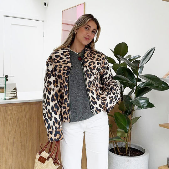 Damen cropped Wildlederjacke mit elegantem Leo-Print EB