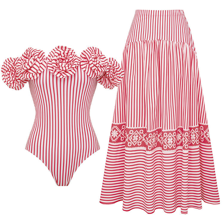 Damen Striped Bikini-Set mit eleganter Wickelbluse und modischem Rock EB