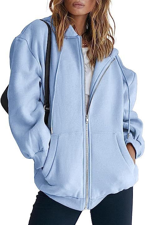 Damen nan oversized Kapuzenjacke mit durchgehendem Reißverschluss Kängurutaschen und weichem Sweatmaterial EB