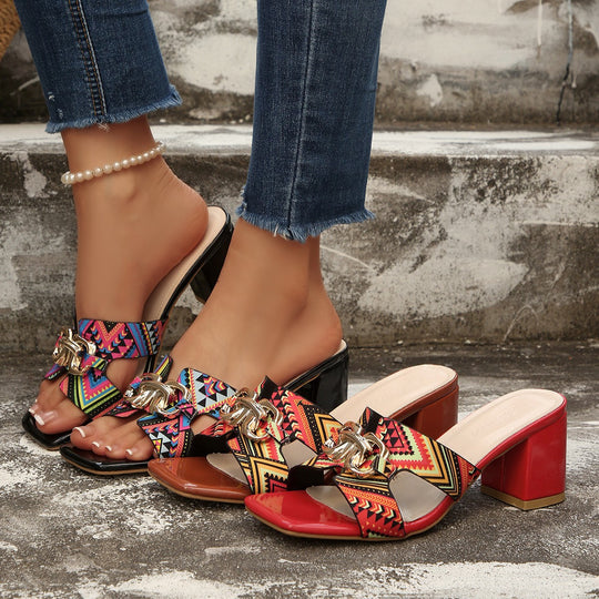 Damen Elegante Blockabsatzsandalen mit geschmackvollem Muster und modischem Riemendesign EB