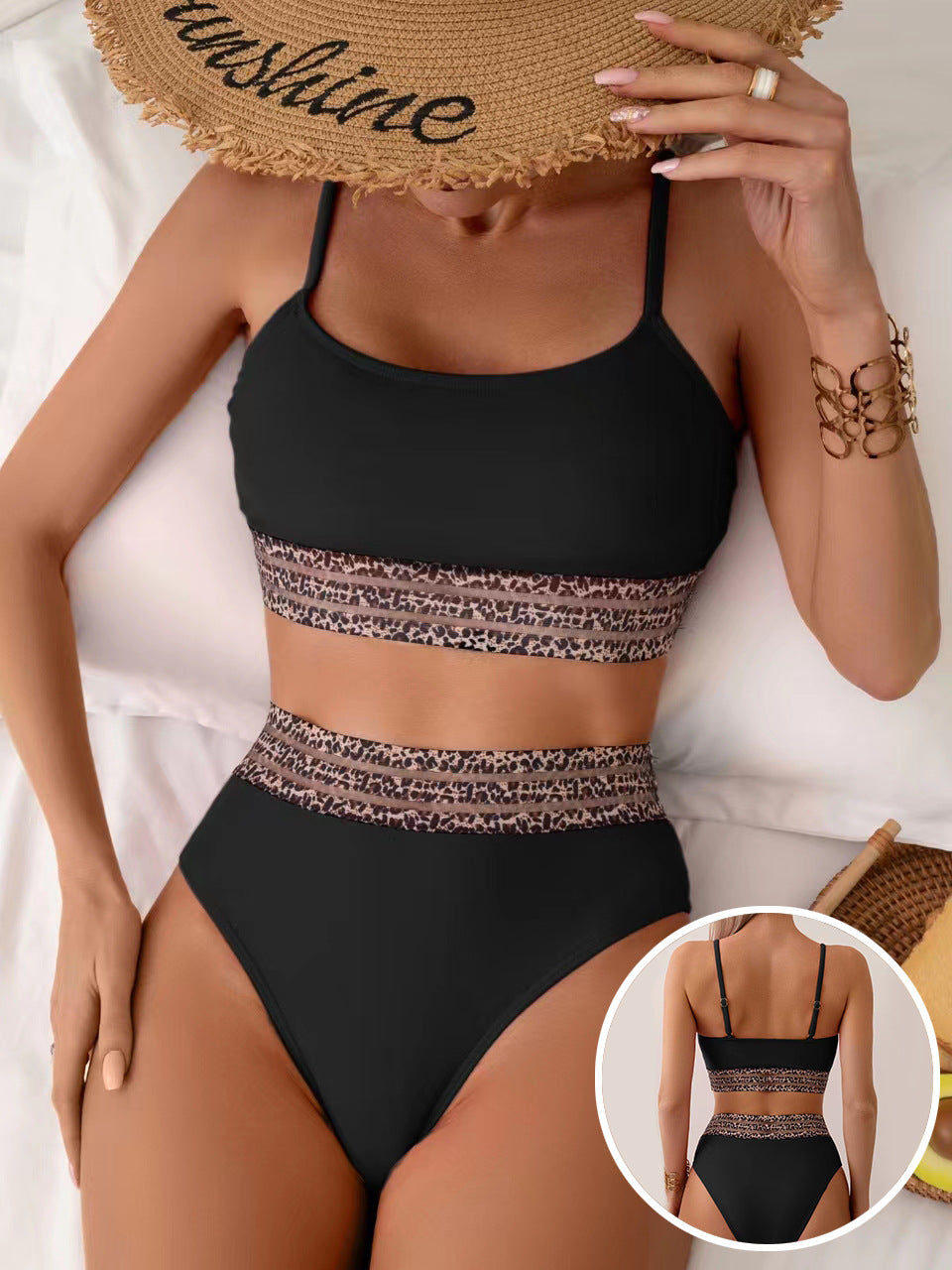 Damen Hochtailliertes Bikini-Set mit modischen Leoparden-Details EB