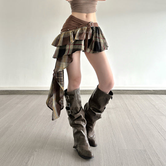 Damen Verspielter Karorock mit asymmetrischem Schnitt und verstellbarem Bund EB