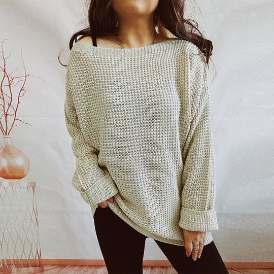 Damen lässiger Strickpullover mit weitem Schnitt und offenem Rückendesign EB