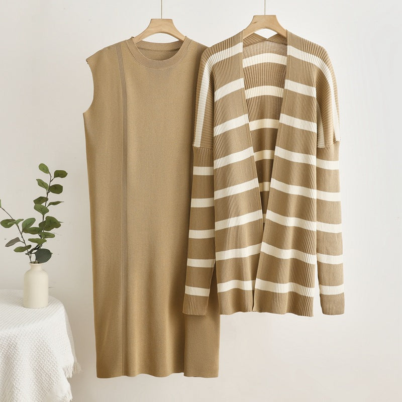 Damen elegantes und modulares Strickkleid mit lässiger Strickjacke EB