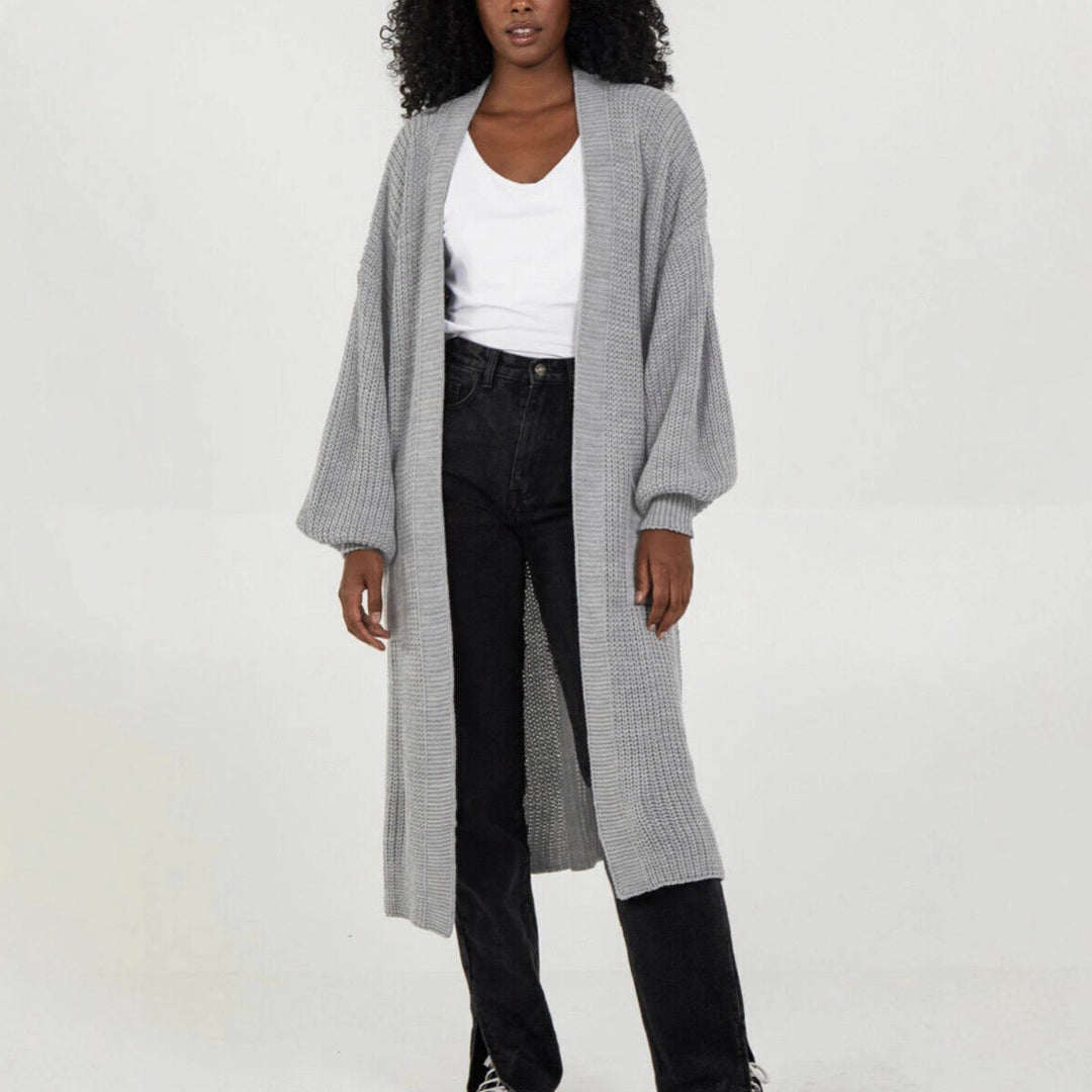 Damen Langer Strickcardigan mit voluminösen Ärmeln und offenem Schnitt EB