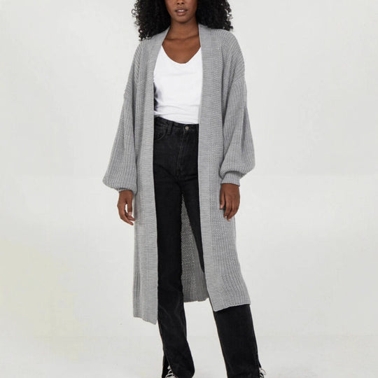 Damen Langer Strickcardigan mit voluminösen Ärmeln und offenem Schnitt EB