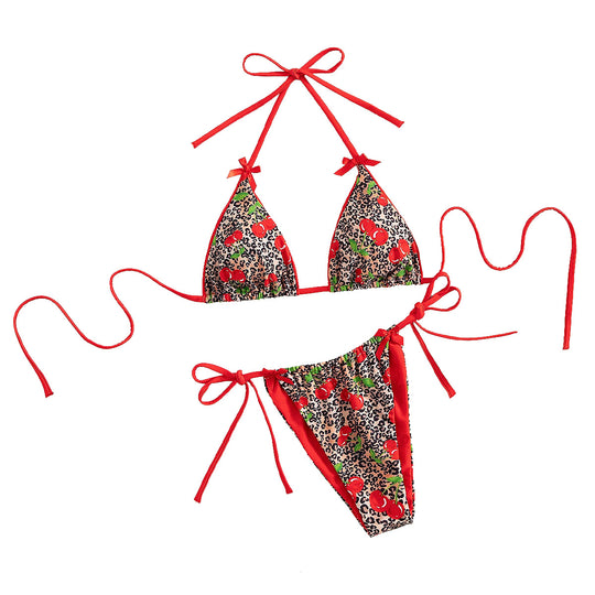 Damen Triangel-Bikini mit floralem Kirschmuster und verspielten Details EB