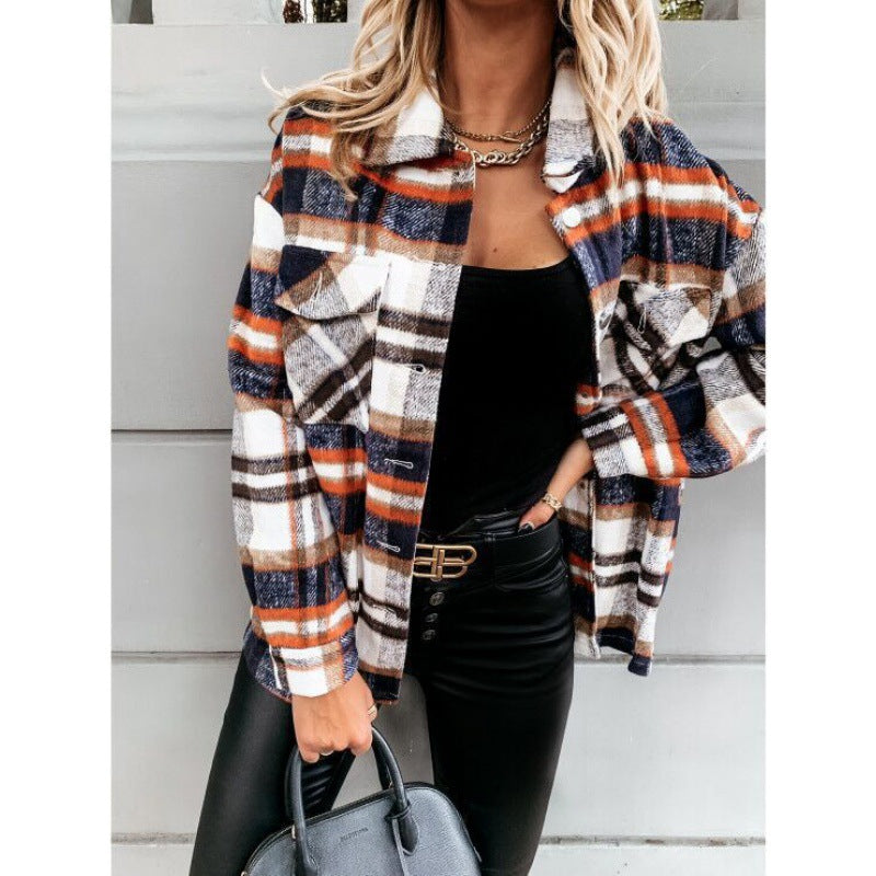 Damen Oversized Karo-Hemdjacke mit Druckknöpfen und aufgesetzten Brusttaschen EB