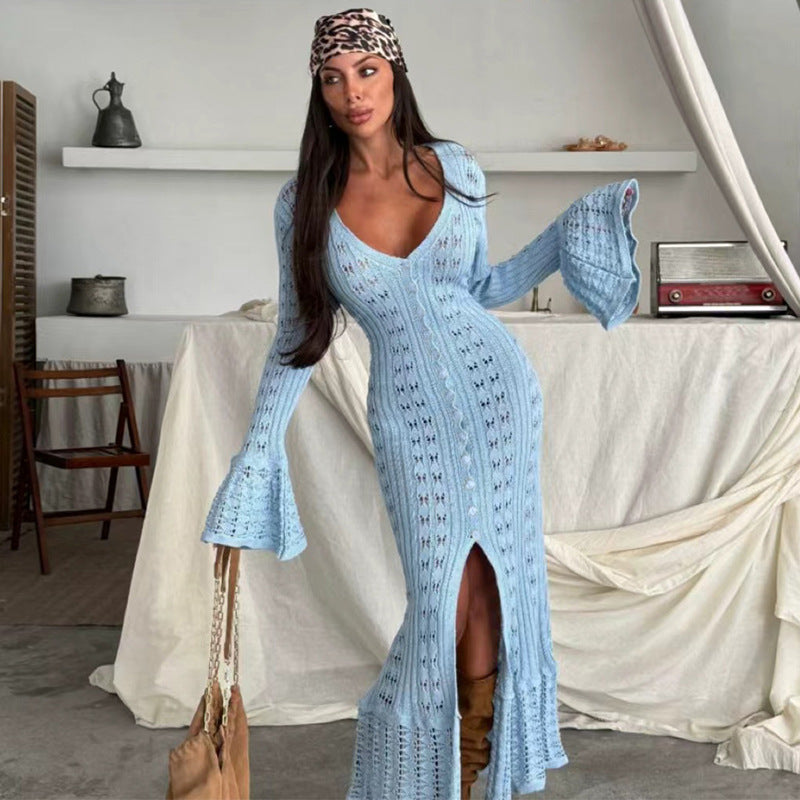 Damen Strickmaxikleid mit nostalgischem Lochmuster und elegantem V-Ausschnitt EB