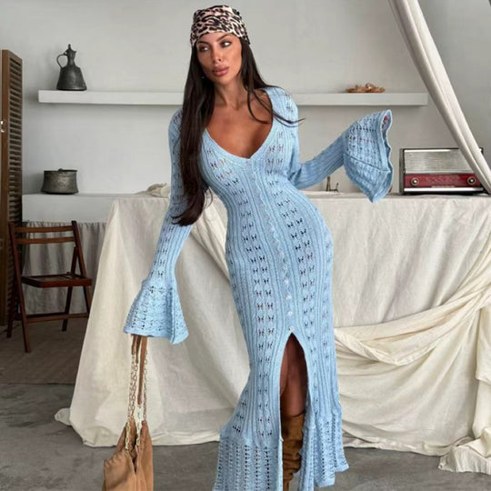 Damen Strickmaxikleid mit nostalgischem Lochmuster und elegantem V-Ausschnitt EB
