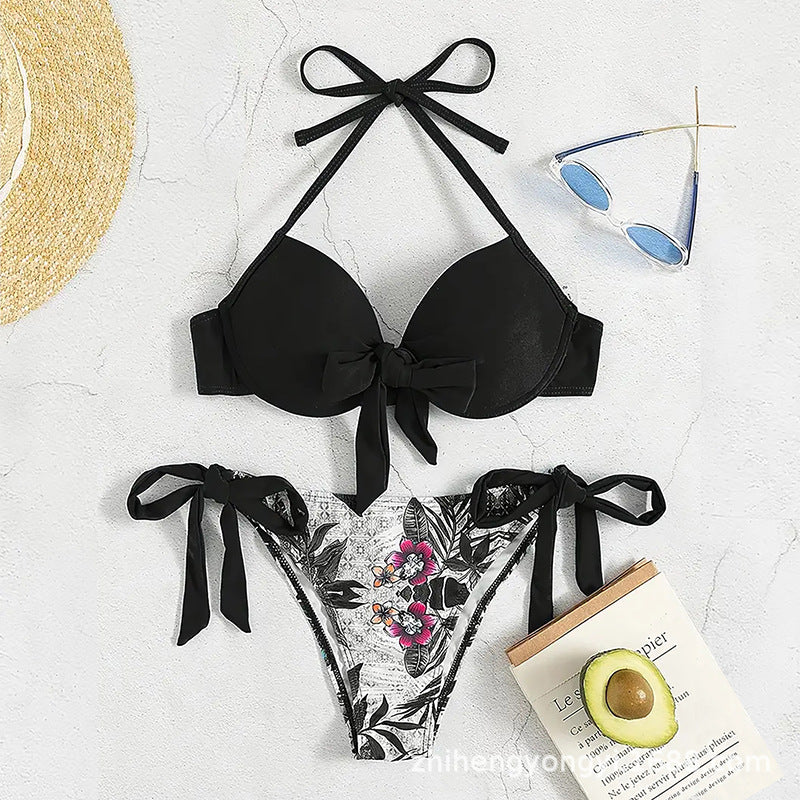Damen Bikini mit knotenförmigem Oberteil und floralem Unterteil EB