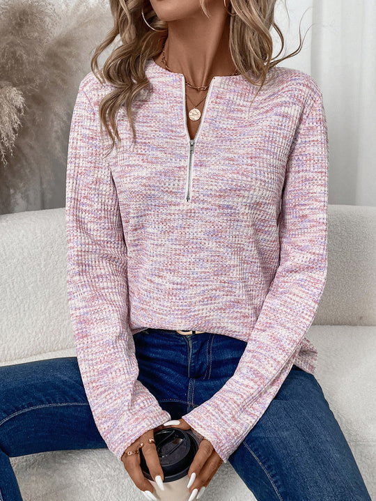 Damen leichter Pullover mit halbem Reißverschluss und strukturierter Oberfläche EB