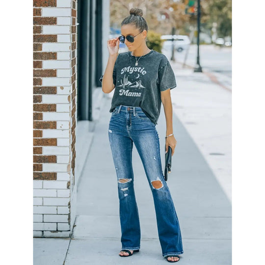 Damen Flared Jeans im Vintage-Style mit lässigem Destroyed-Effekt EB