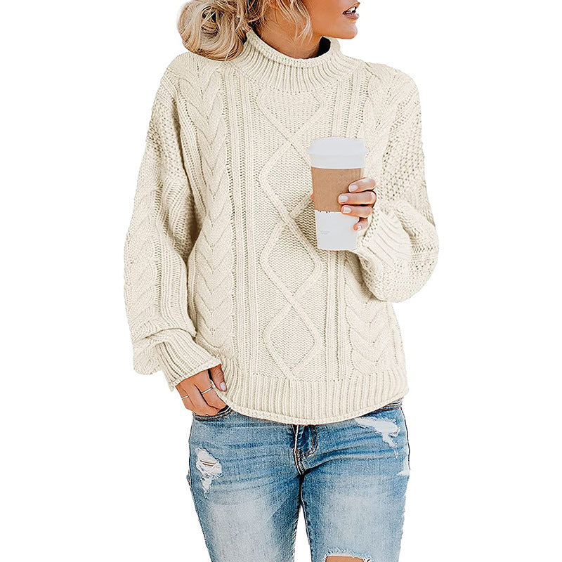 Damen Grobstrickpullover mit hohem Kragen und Zopfmuster EB