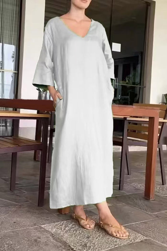 Damen luftiges Maxikleid aus atmungsaktiver Baumwolle mit V-Ausschnitt und praktischen Taschen EB