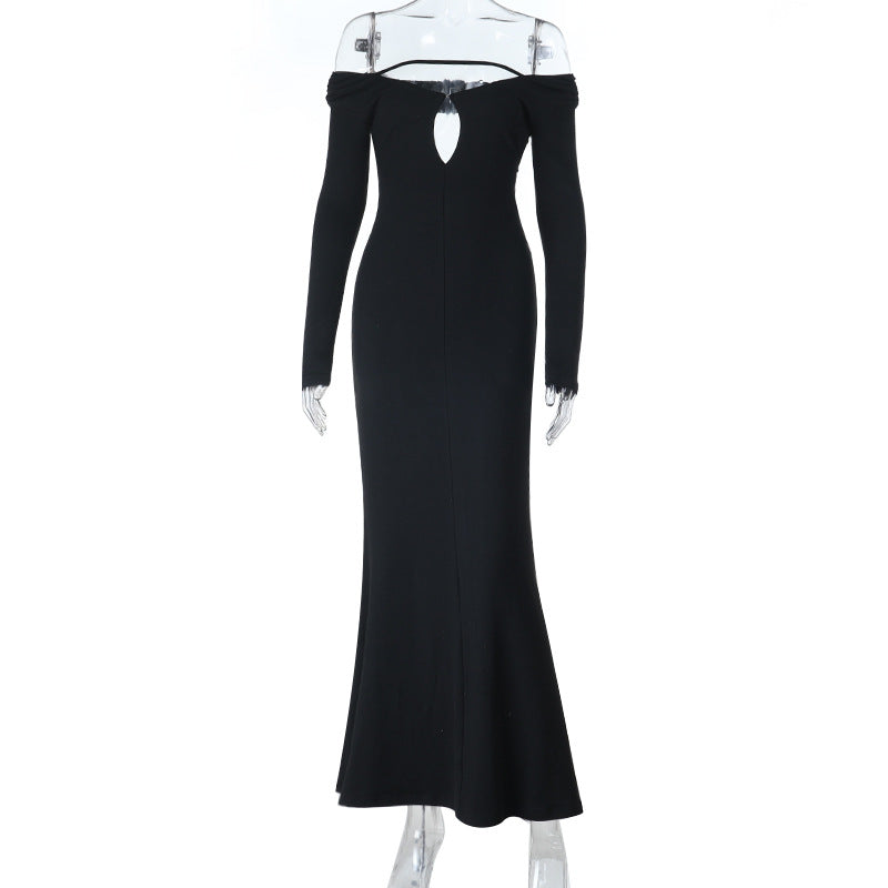 Damen elegantes schulterfreies Abendkleid mit Herz-Ausschnitt und langen Ärmeln EB