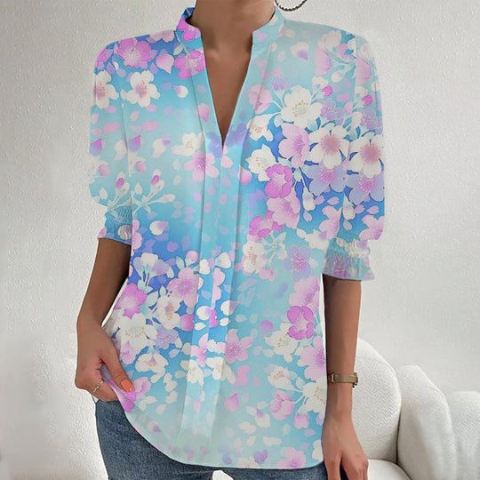 Damen Blumenprint Tunika-Bluse mit Stehkragen, geschlitzter V‑Blende und gerafften 3/4-Ärmeln EB