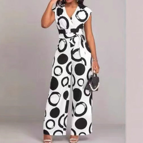 Damen Jumpsuit mit modernem Kreismuster und Taillengürtel EB