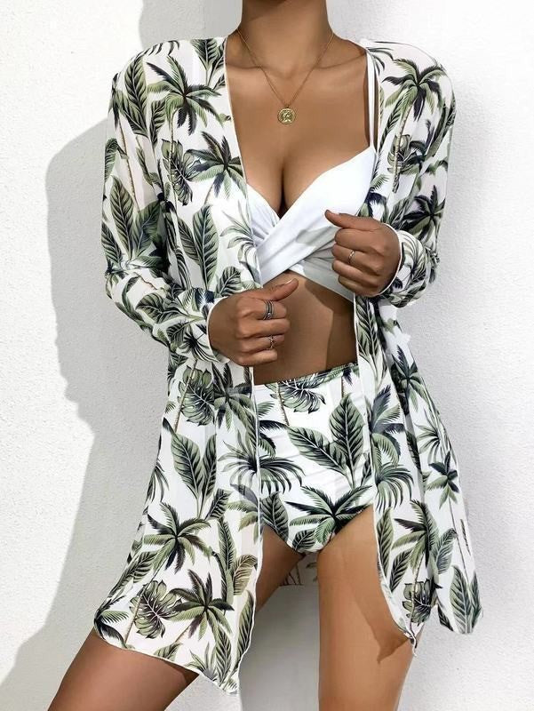 Damen Badeset mit transparenter Manteljacke und floralem Muster EB