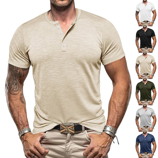 Herren Kurzarm-Henley-T-Shirt aus atmungsaktivem Baumwollmix mit modernem Schnitt EB