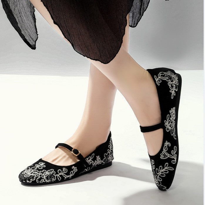 Damen Ballerinas mit dekorativem Blumenmuster und komfortablem Riemendesign EB
