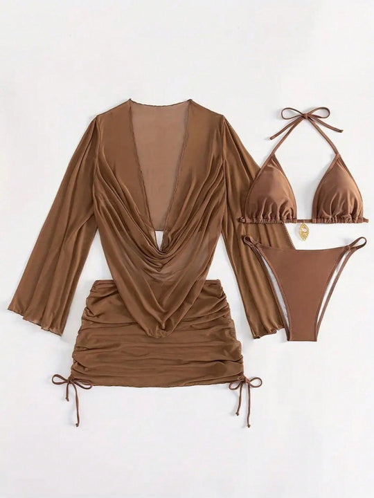 Damen Bikini-Set mit raffinierter Wickelbluse und halbtransparentem Rock EB