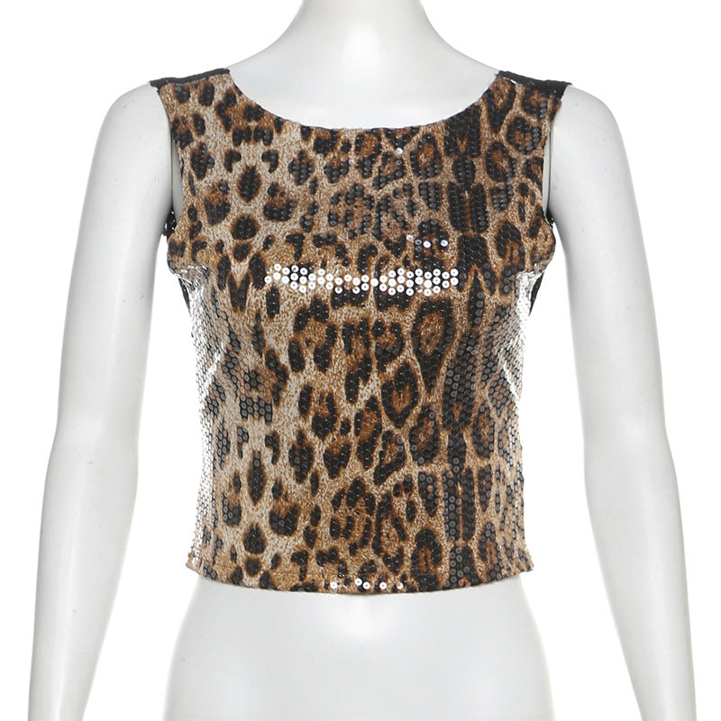 Damen Glamouröses Top mit Pailletten und Leopardenmuster EB
