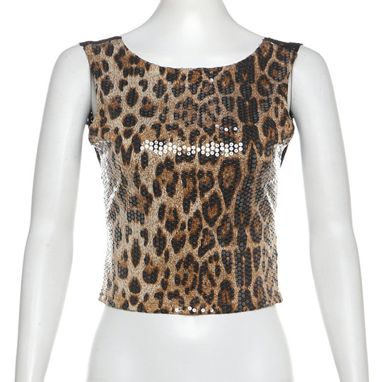 Damen Glamouröses Top mit Pailletten und Leopardenmuster EB